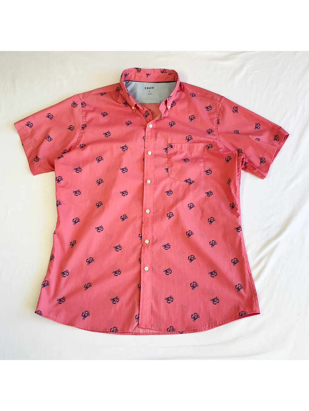 IZOD Men's Coral Button-Up Shirt with Crab Print Coastal Casual Summer Shirt L